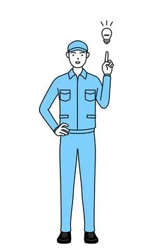 Man in hat and work clothes coming up with an idea. Stock Illustration