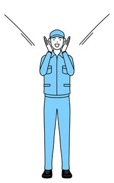 Man in hat and work clothes calling out with his hand over his mouth. Stock Illustration