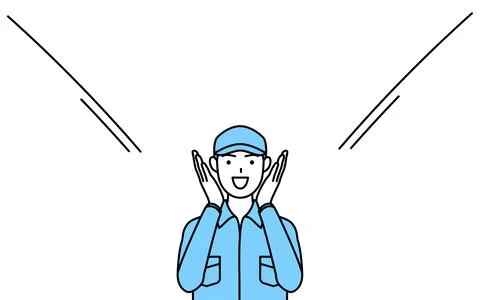 Man in hat and work clothes calling out with his hand over his mouth. Stock Illustration
