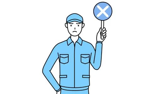 Man in hat and work clothes holding a placard with an X indicating incorrec.. Stock Illustration