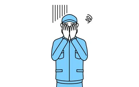 Man in hat and work clothes covering his face in depression. Stock Illustration