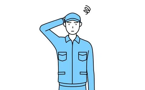 Man in hat and work clothes scratching his head in distress. Illustrazione stock