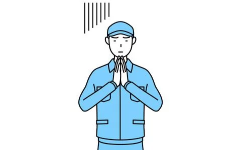 Man in hat and work clothes apologizing with his hands in front of his body. 스톡 일러스트