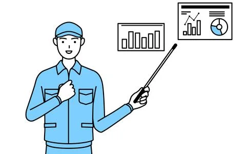 Man in hat and work clothes analyzing a performance graph. Stock Illustration