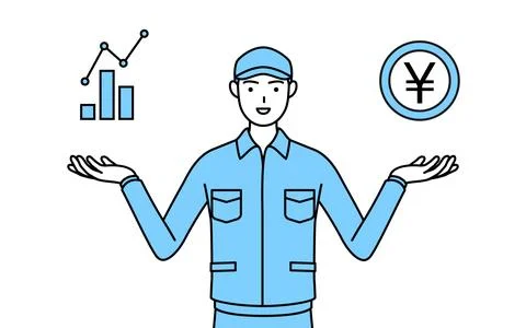 Man in hat and work clothes guiding an image of DX, performance and sales i.. Stock Illustration