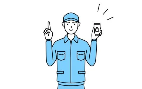 Man in hat and work clothes taking security measures for his phone. Stock Illustration