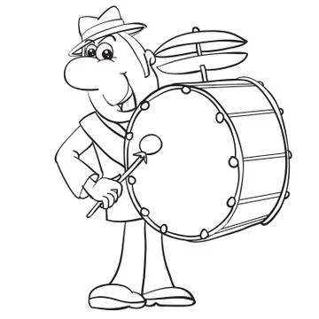 A man in a hat plays the drum that hangs on the straps on his shoulder, a Stock Illustration