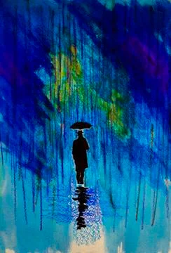 Man in a hat with an umbrella in the rain Stock Illustration