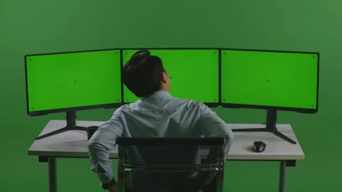 Man Having Backache While Working With Mock Up Multiple Computer Monitor Video stock 249625426