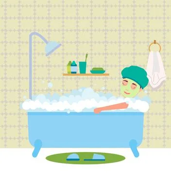 Man having bath. Guy sitting in bathtub with foam and the mask on his face Stock Illustration