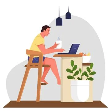 Man having a breakfast and using laptop. 스톡 일러스트