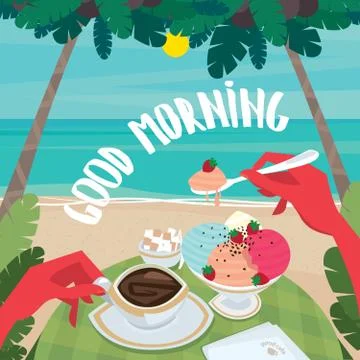 Man having breakfast on the beach Stock Illustration