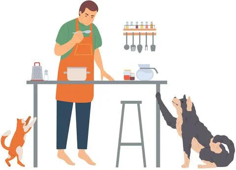 Man having breakfast or preparing lunch at kitchen room with his pet cute cat Stock Illustration