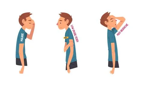 Man Having Cold or Flu Symptom with Low-grade Fever and Mild Headache Vector Set Stock Illustration