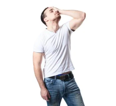 A man having a disturbing problem over white Stock Photos