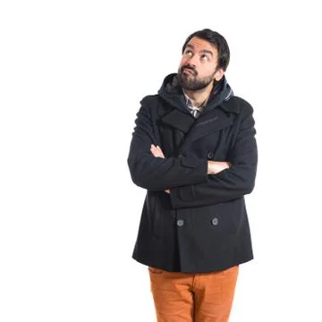 Man having doubts over white background Foto stock