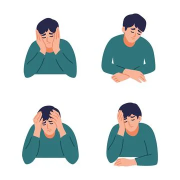 Man is having a headache. Boy feels anxiety and depression. Stock Illustration
