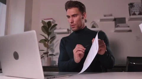 Man having online conversation during hr interview at table in modern office Stock Footage 148738318