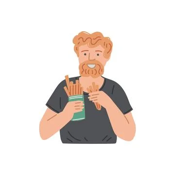Man is having a snack, vector person eating fast food, french fries, sticks イラスト素材