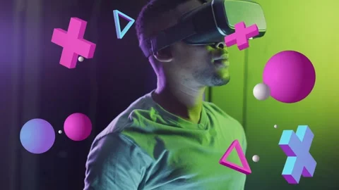 Man having VR headset fitted, tilting head and exploring VR scene while 3D Stock Footage 334884113