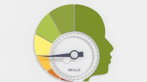 Man head with arrow gauge speedometer indicator with color levels. Measurement Stock Footage 322992563