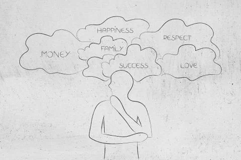Man with head in the clouds thinking about his dreams Illustrazione stock
