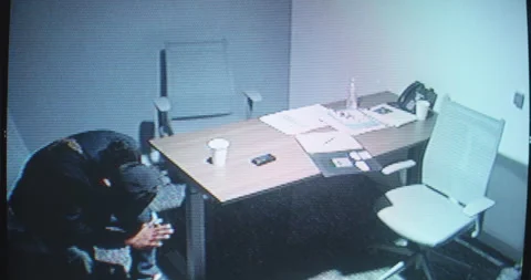 Man With Head Down In Police Interrogation Room. Video Tape Recording Texture Stock Footage 273179139