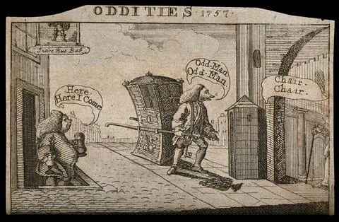 A man with the head of a fox (Henry Fox) is pulling the king's sedan chair,.. Stock Illustration