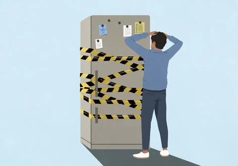 Man with head in hands looking at refrigerator wrapped in barricade tape Stock Illustration