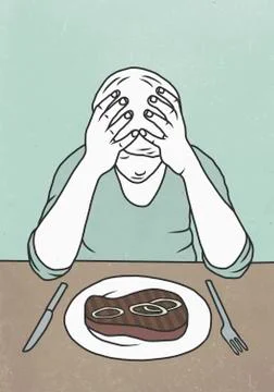 Man with head in hands sitting at dining table behind steak on plate Stock Illustration