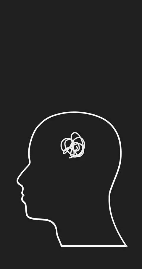 A man head in profile with a tangled ball of nerves, scribbles symbolizing a Video stock 278846961