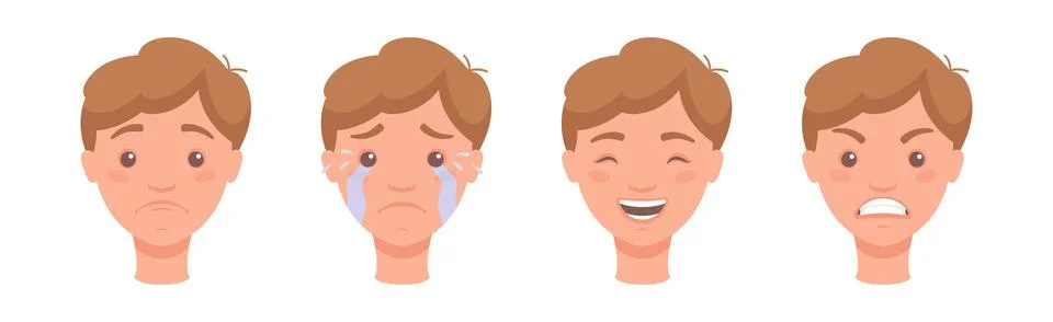 Man Head Showing Face Expression and Emotion Front Vector Set Illustrazione stock