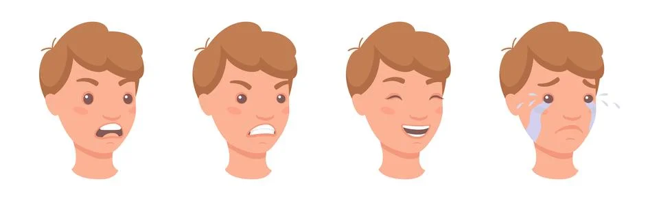 Man Head Showing Face Expression and Emotion Front Vector Set Stock Illustration