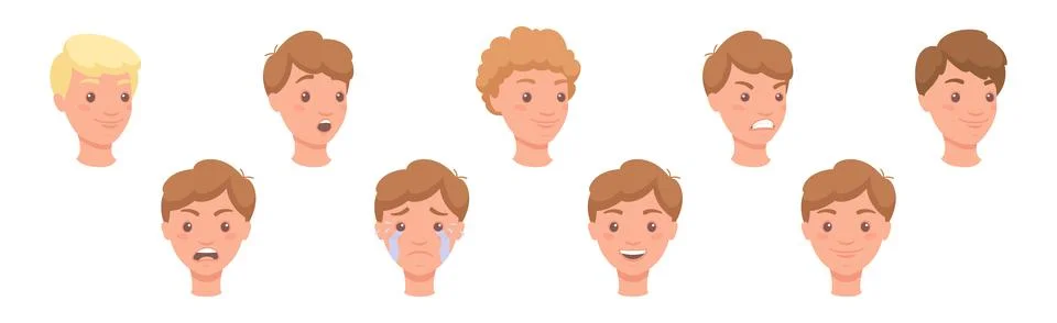 Man Head Showing Face Expression and Emotion Front Vector Set Illustrazione stock