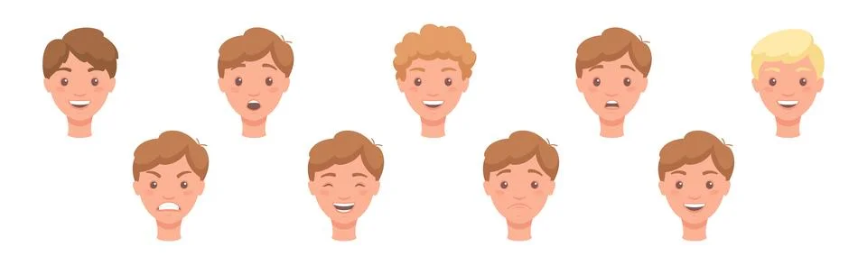 Man Head Showing Face Expression and Emotion Front Vector Set Illustrazione stock