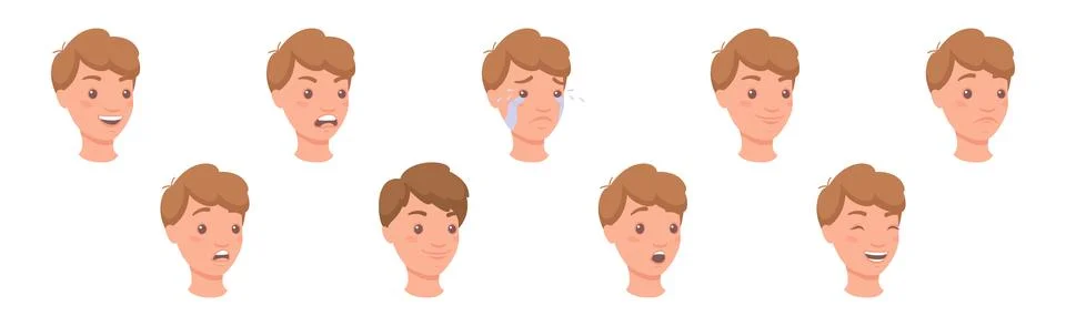 Man Head Showing Face Expression and Emotion Front Vector Set Stock Illustration