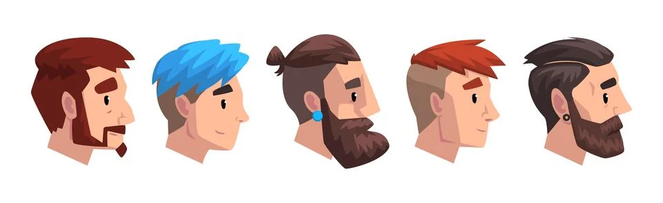 Man Head Side View with Different Hairstyle Vector Set Stock Illustration
