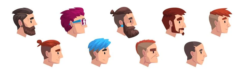 Man Head Side View with Different Hairstyle Vector Set Stock Illustration