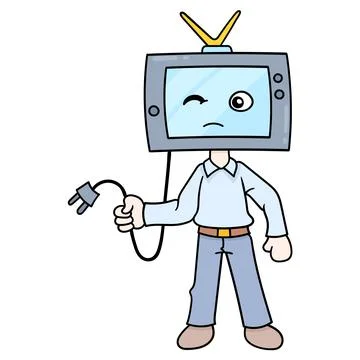 The man with the head of the television is looking for a source of electric c Stock Illustration