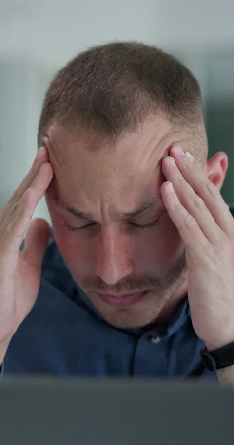 Man, headache and burnout at office with laptop, software glitch or website 404 Stock Footage 271319353