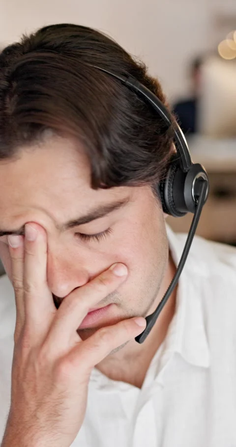 Man, headache and consultant with headset or stress in call center for customer Stock Footage 337544087