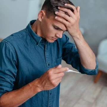 Man with a headache looking at the thermometer. Stock Photos
