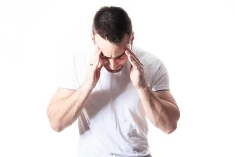 A man with a headache problem over white Stock Photos
