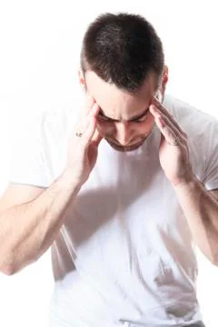 A man with a headache problem over white Stock Photos