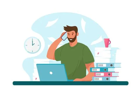 Man with headphone and computer, call center, customer service and support. F Stock Illustration