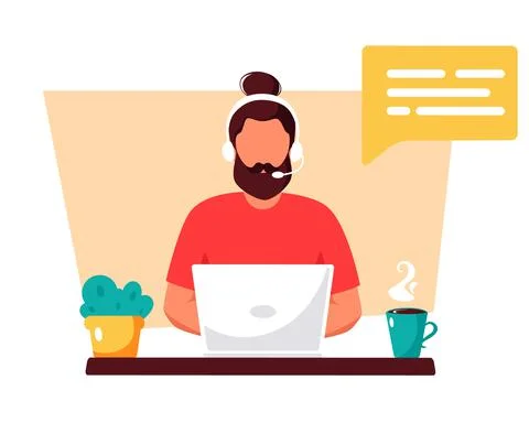 Man with headphones working on computer. Stock Illustration
