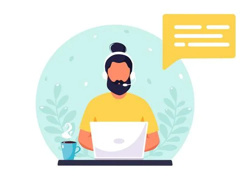 Man with headphones working on computer. Stock Illustration