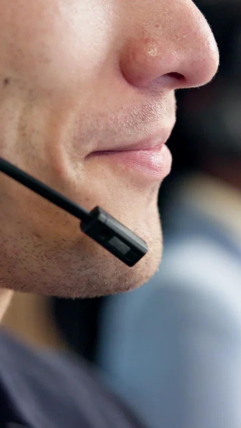 Man, headset and mouth in call center for discussion, customer support and Stock Footage 342984796