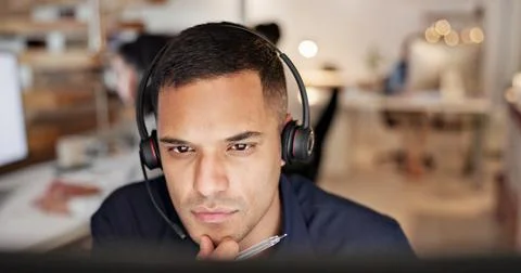 Man, headset and review with computer at call center, insight and reading report Stock Photos