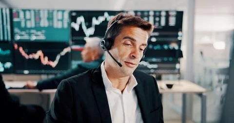 Man, headset and talking with computer of trading plan, stock market increase 스톡 사진